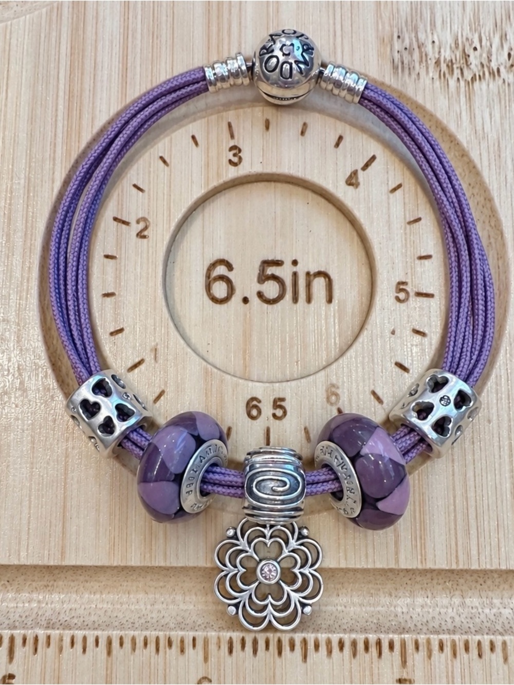 Pandora Purple Bracelet 6.5” w/ Murano Glass & Flower Charm - Picture 2 of 2